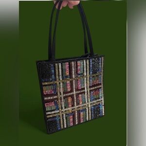 Crossbody Beaded Plaid Tote